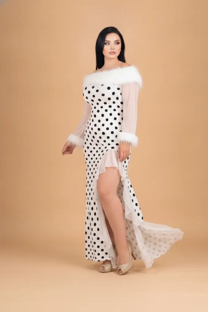 AI Generated White polka-dot dress - beige studio - walking pose low-angle