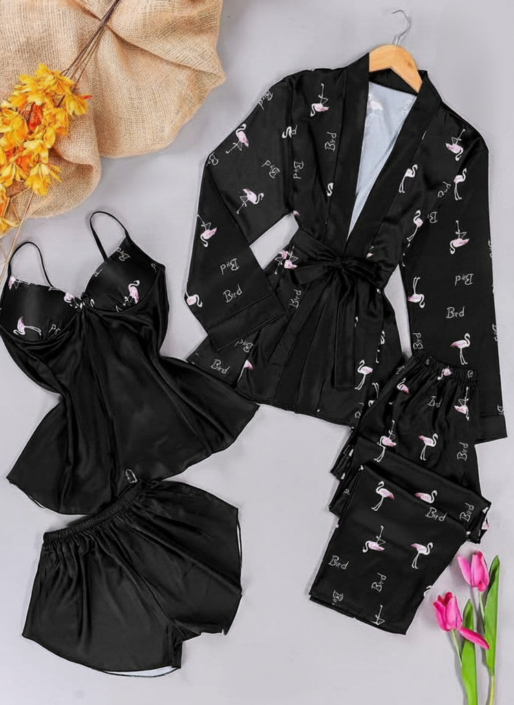 Black Satin Flamingo 4‑Piece Sleepwear Set